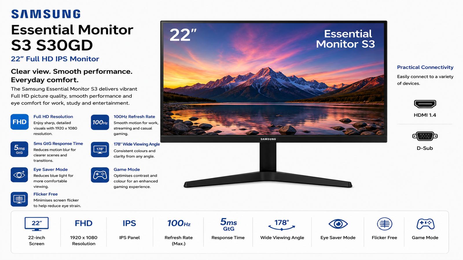 Samsung LS22D300GAMXUE, Samsung Essential Monitor S3 S30GD, 22-Inch Full HD IPS Display, 1920x1080 Resolution, 100Hz Refresh Rate, 5ms GtG, Eye Saver Mode, Flicker Free, Game Mode, HDMI 1.4, D-Sub, Black | LS22D300GAMXUE